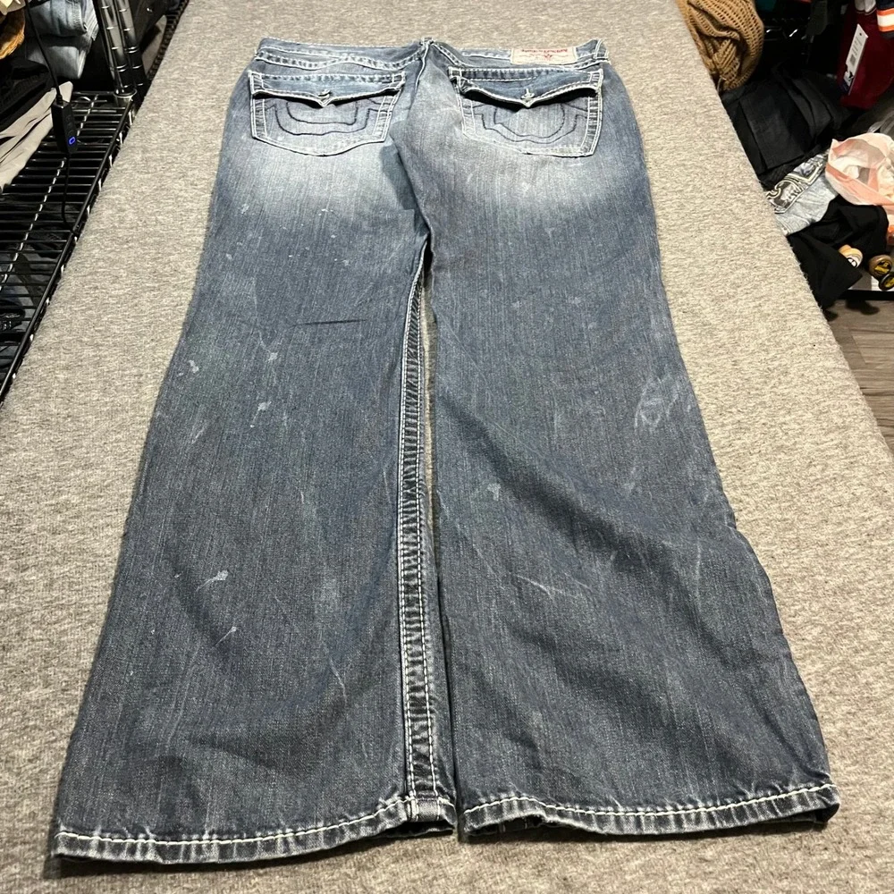 True Religion Section Straight Jeans 36x33 Blue Distressed Paint Splatter Men